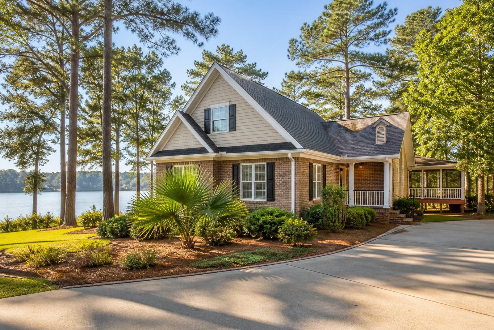 Lake Murray area home with pine trees, brick detail, and water visible beyond the yard.