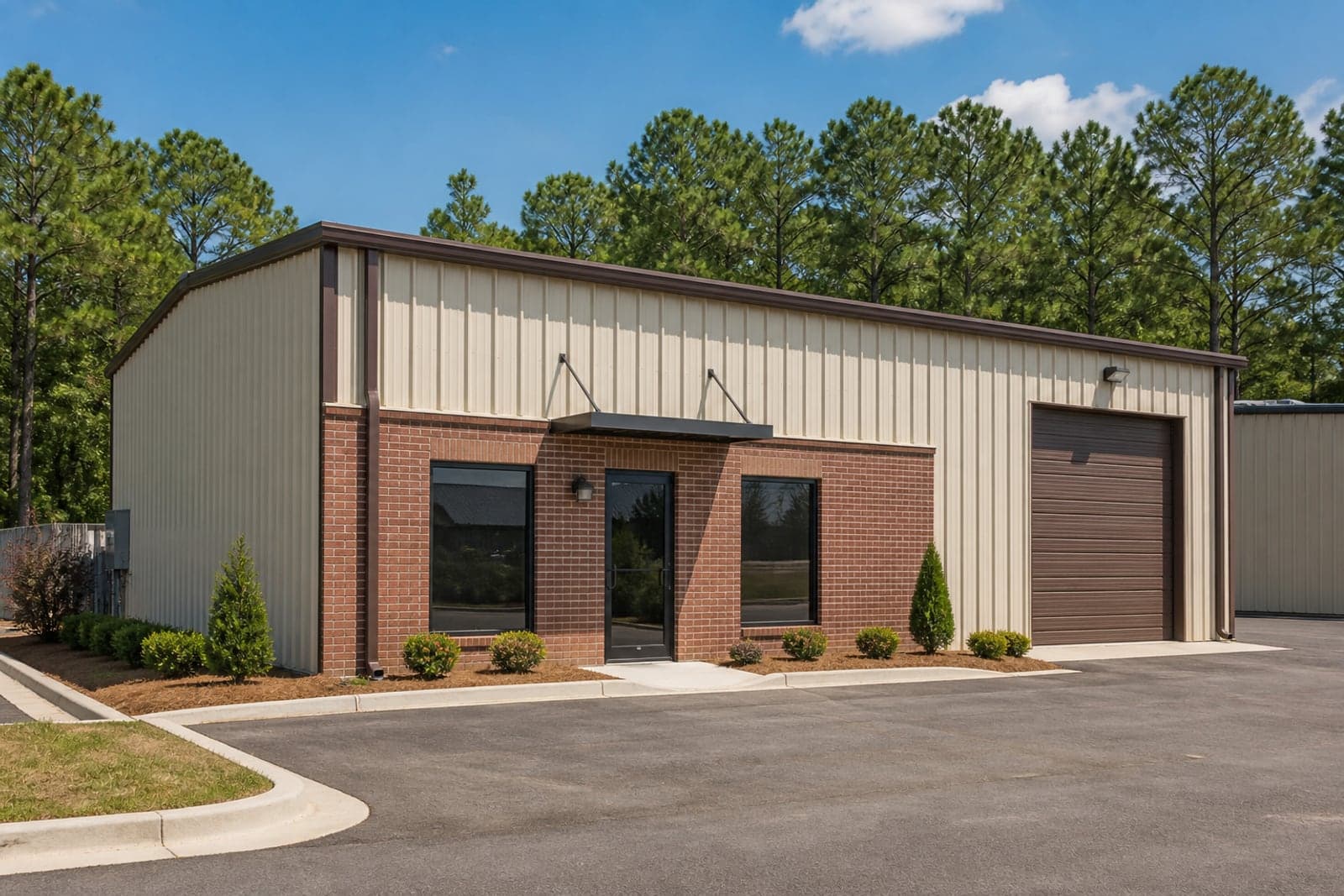 Clean light industrial flex bay with brick office front, roll-up door, and pine trees.